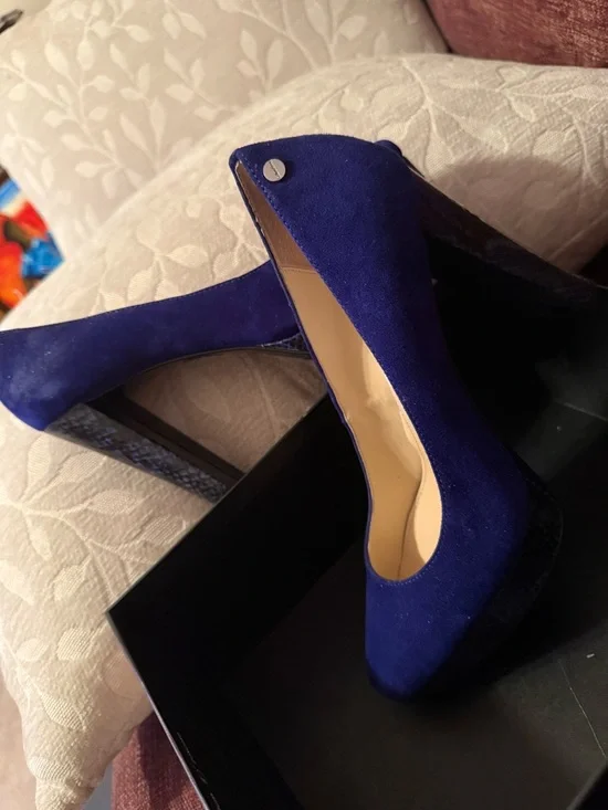 Calvin Klein Blue Suede High Heel Pumps with Textured Platform - Picture 14 of 16